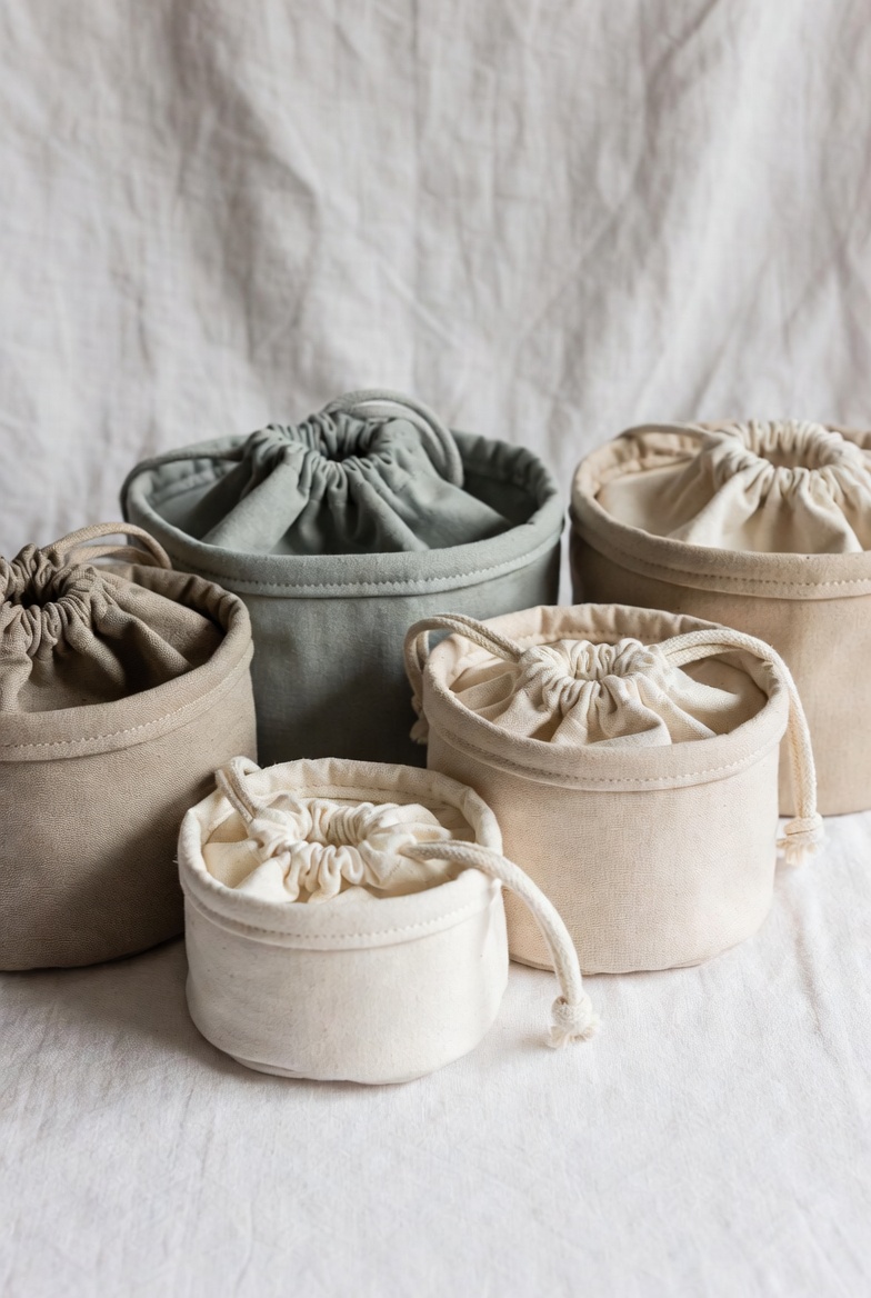 Gift fabric pouches with satin ribbons